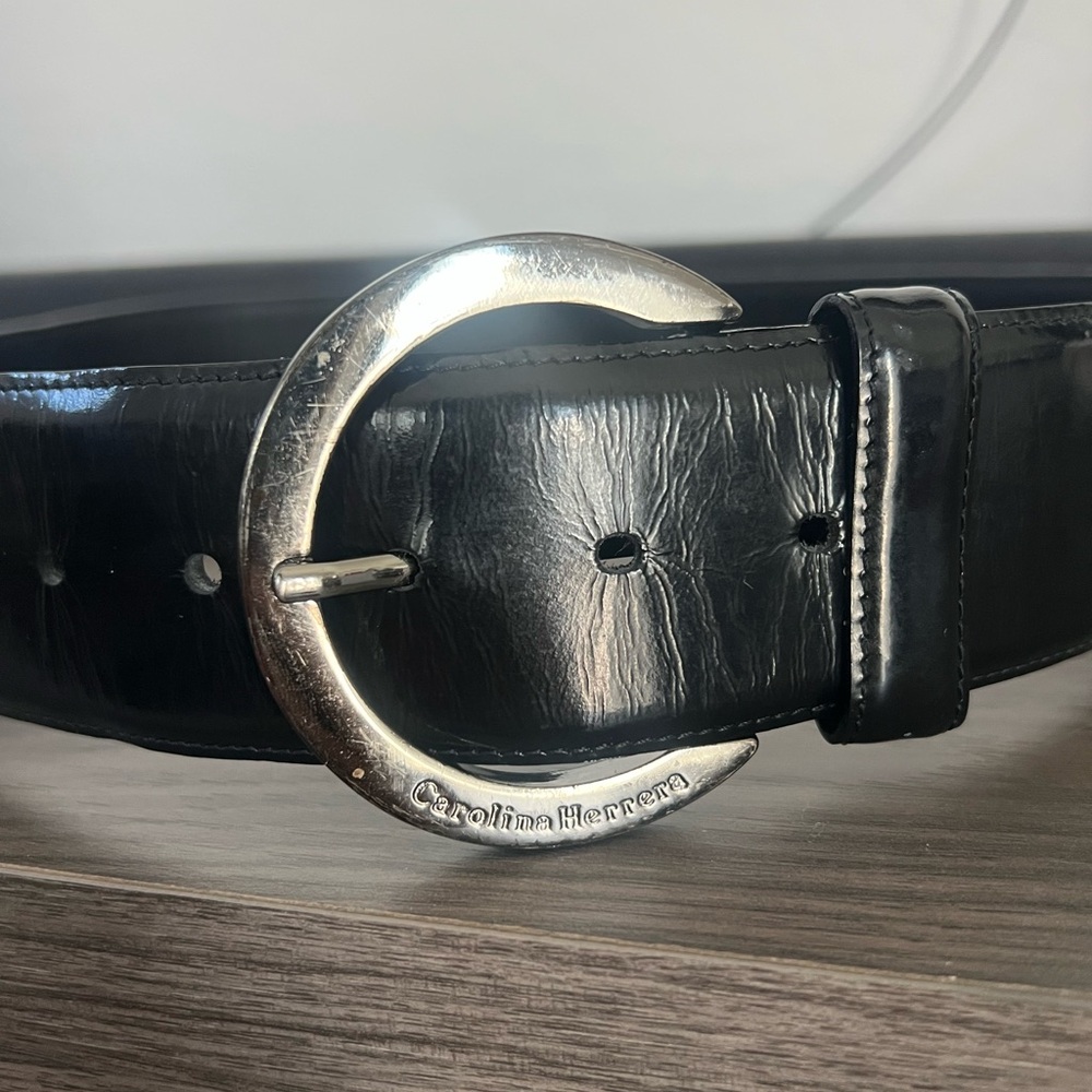 Carolina Herrera Black Leather Belt with Silver Buckle
